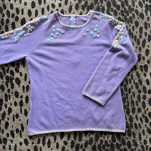Lavender Cashmere Embroidered Floral Knit Top